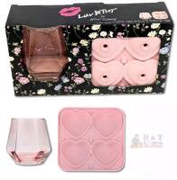 New Betsey Johnson LUV BETSEY 10.48oz Diamond-Shaped Pink Wine Glass & 3D Silicone Heart Ice Mold