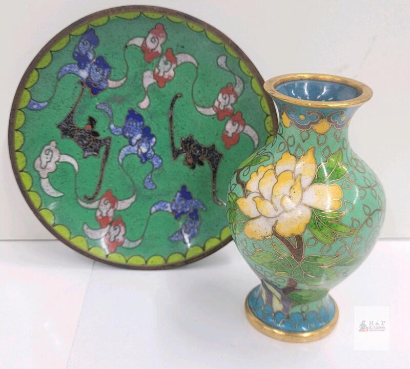Chinese Cloisonn&eacute; Enamel Vase & Plate Set with Floral and Bat Motifs