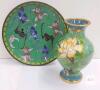 Chinese Cloisonn&eacute; Enamel Vase & Plate Set with Floral and Bat Motifs