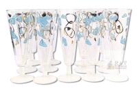 13 MCM Vintage Atomic Amoeba Boomerang 8.25" Capri Pilsner Beer Glasses, Atomic Mid Century Modern Aqua Turquoise and Gold, No Chips or Cracks, Wear To Some Designs