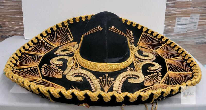 Black Velvet Charro Sombrero, Gold Embroidery & Sequins, Adult Size, Mexican Mariachi Hat