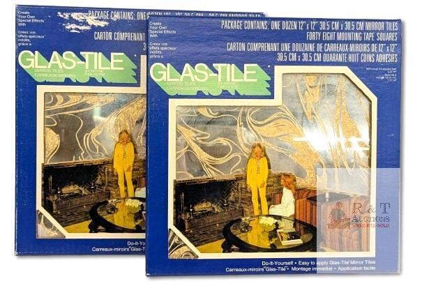 2 Vintage 1975 Sealed NOS GLAS-TILE 12pc Glass Mirror Tiles, 12" &times; 12" Each, Each Box Covers 12 Square Feet, #661 Gold Swirl, T1128062