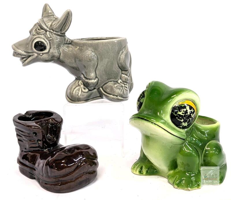 Vintage Terracotta Boot Ashtray, Ceramic Frog Planter & Absolutely Unhinged Charlie Horse-Style Donkey Planter Wearing Sneakers, Up To 6" Tall, Small Chips Present