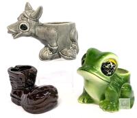 Vintage Terracotta Boot Ashtray, Ceramic Frog Planter & Absolutely Unhinged Charlie Horse-Style Donkey Planter Wearing Sneakers, Up To 6" Tall, Small Chips Present