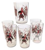 6 Vintage Red & Black MCM Scottish Highlander Bagpiper Glasses, 3.75" - 4" Tall, No Chips or Cracks