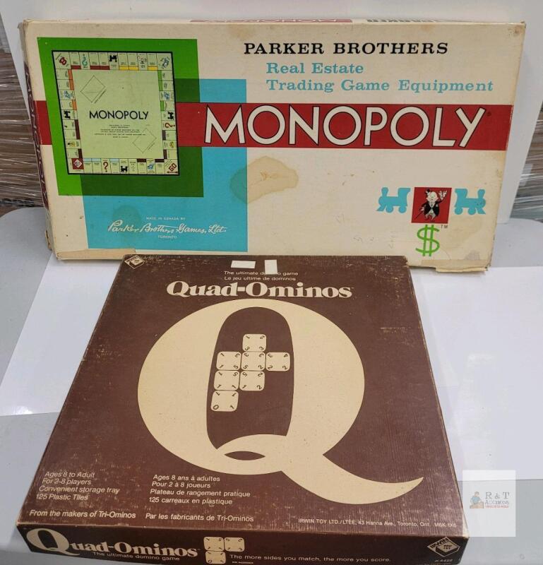 Vintage Canadian Parker Brothers Monopoly & Irwin Quad-Ominos Games, Complete Sets, 1970s Era