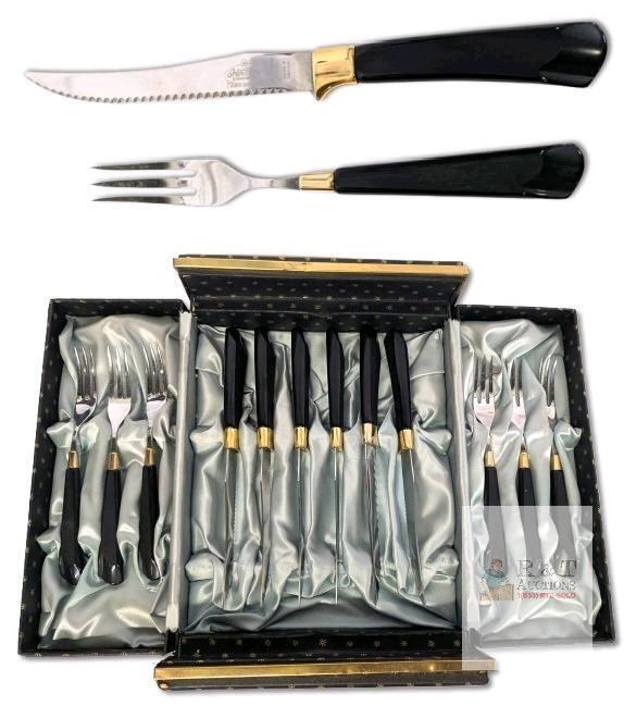 12pc Vintage Set GH Gold n' Ebony Steakmates Canada Stainless Steel Steak Knives & Forks Set in Gift Box