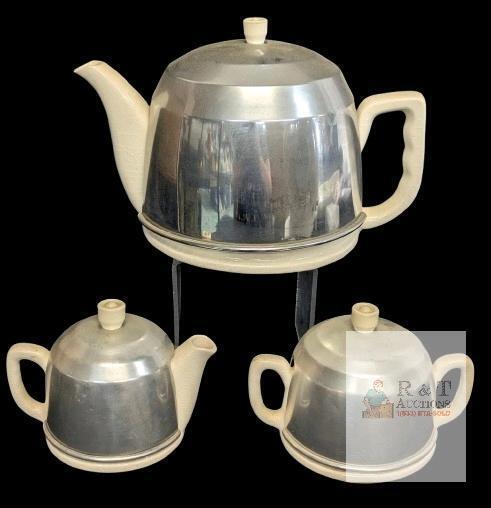 3pc Vintage Japanese Covered Tea Set : Ceramic Teapot , Teapot-Shaped Creamer & Matching Sugar Dish, Up To 6", Crazing Throughout, Fleabites Can Be Felt Along Edges
