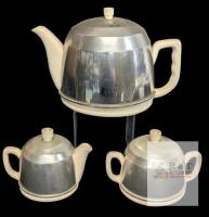 3pc Vintage Japanese Covered Tea Set : Ceramic Teapot , Teapot-Shaped Creamer & Matching Sugar Dish, Up To 6", Crazing Throughout, Fleabites Can Be Felt Along Edges