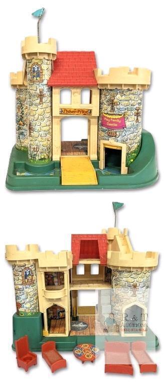 Vintage Fisher-Price Play Family Castle With Furniture Pieces, Good Condition, Wear & Tear to Decals, Discoloration, Could Do With A Wipe-Down
