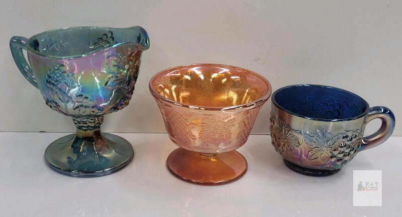 Vintage Carnival Glass Creamer, Sugar & Compote Set&mdash;Blue & Marigold, Grape & Floral Patterns, USA