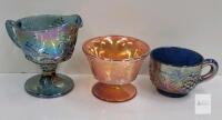 Vintage Carnival Glass Creamer, Sugar & Compote Set&mdash;Blue & Marigold, Grape & Floral Patterns, USA