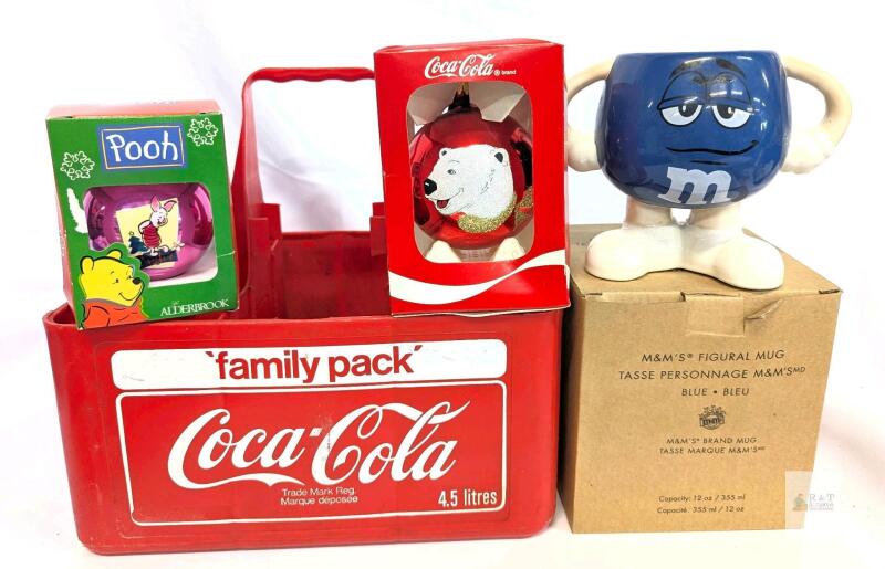 Vintage Coca-Cola 4.5L Family Pack Plastic Caddy, Coke Polar Bear / Logo Ornament From the Bay, Pooh Alderbrook Ornament & 2009 Blue M&M Figural Mug 355ml, No Chips or Cracks