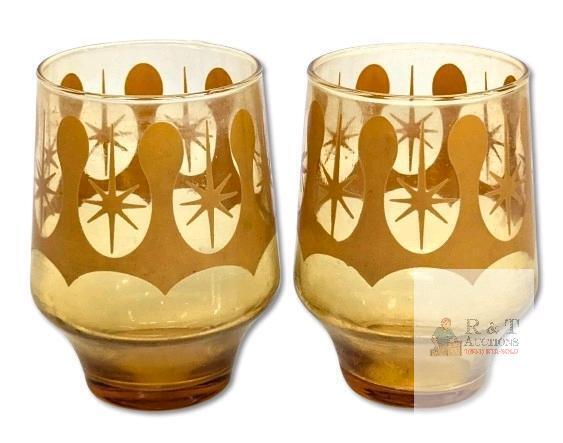Pair MCM Vintage Starburst Reverse Drip Lowball Barware Glasses, 4.25" Tall, No Chips or Cracks