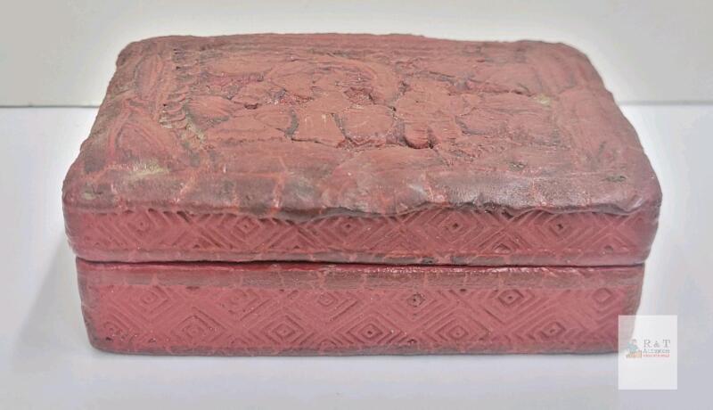 Vintage Chinese Cinnabar Lacquer Jewelry Box with Carved Figures and Nature Motifs
