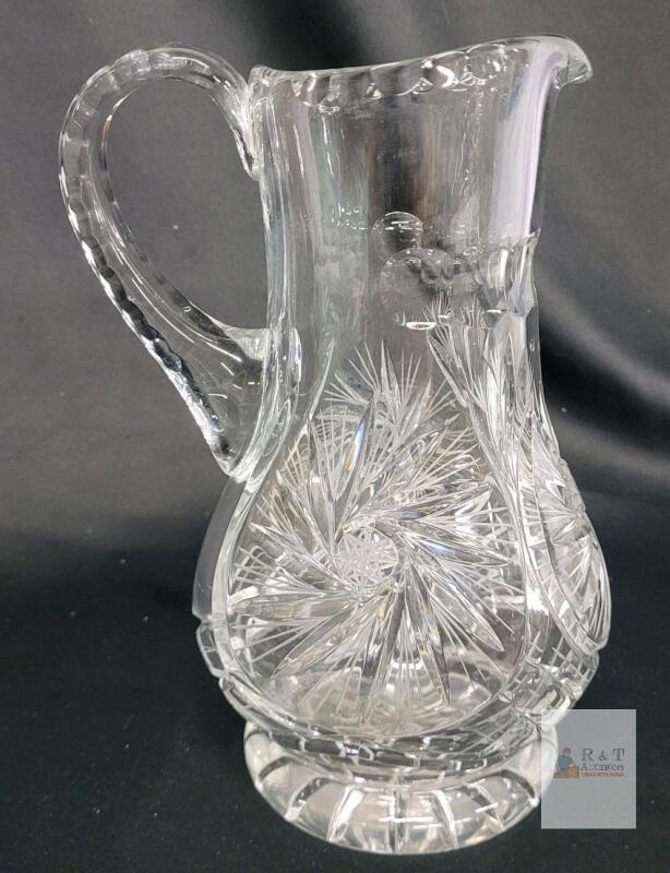 9" Cut Glass Crystal Water Pitcher with Starburst Design, 64 oz Capacity
