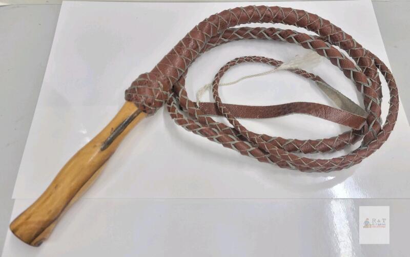 Braided Leather Bullwhip 8ft. 6" Long with Wooden Handle, Brown, 12 Plait, Popper, Used Condition
