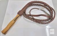 Braided Leather Bullwhip 8ft. 6" Long with Wooden Handle, Brown, 12 Plait, Popper, Used Condition