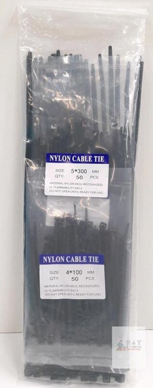 Black Nylon Cable Ties, 5x300mm & 4x100mm, 100 pcs, UL 94V-2, Nylon 66, 2 Sizes