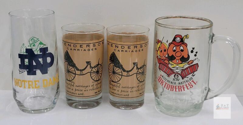 Collectible Glassware Set: Notre Dame Tumbler, Henderson Carriages Tumbler, KW Oktoberfest Stein