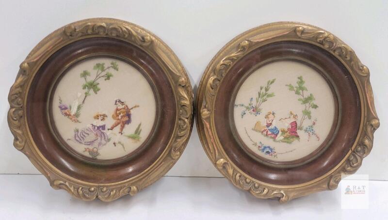 Vintage Pair Round Gilt Wood Frames with Needlepoint Art, Pastoral Romantic Couple Scenes, 9.75"