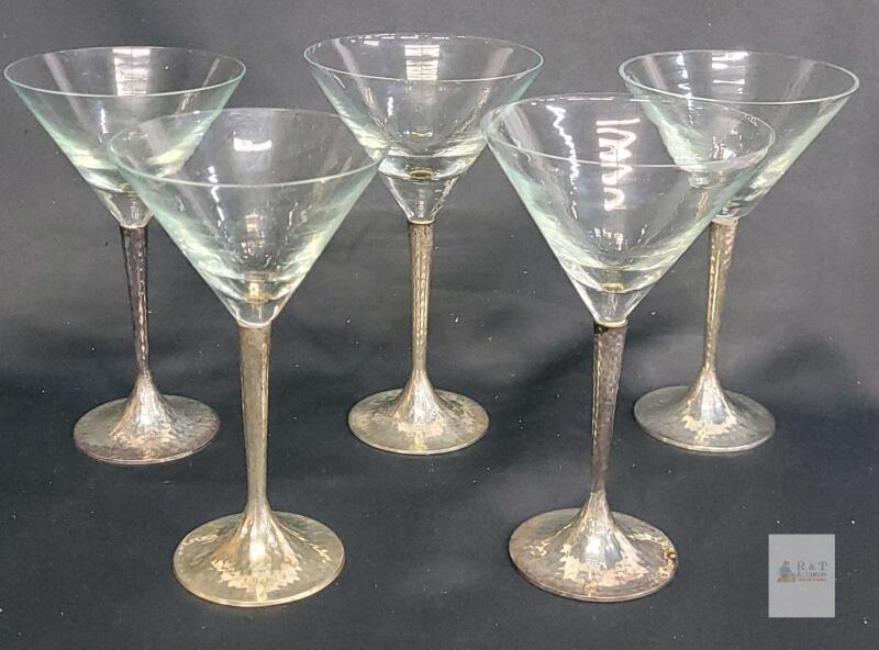 MCM Martini Glasses Set of 5, Hammered Silver Stems, 7.25" Tall,