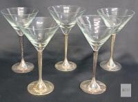 MCM Martini Glasses Set of 5, Hammered Silver Stems, 7.25" Tall,