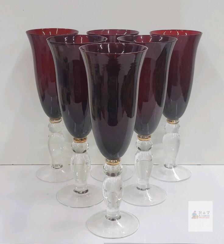 Ruby Red Wine Goblets 8.5" Tall, Gold Trim, Clear Stem, Mid-Century Modern