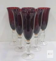 Ruby Red Wine Goblets 8.5" Tall, Gold Trim, Clear Stem, Mid-Century Modern