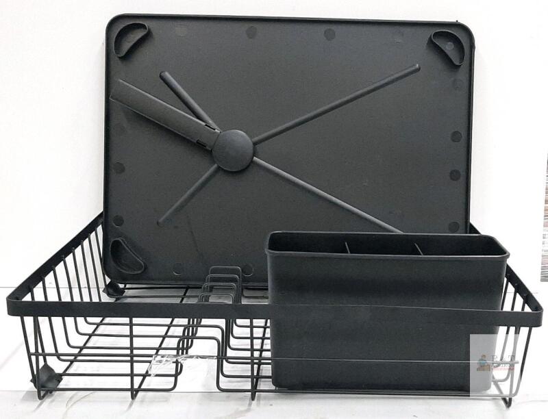Black Metal Dish Drying Rack with Removable Drip Tray and 3-Section Utensil Holder, 16"x12"x5"