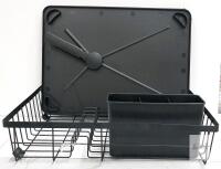 Black Metal Dish Drying Rack with Removable Drip Tray and 3-Section Utensil Holder, 16"x12"x5"