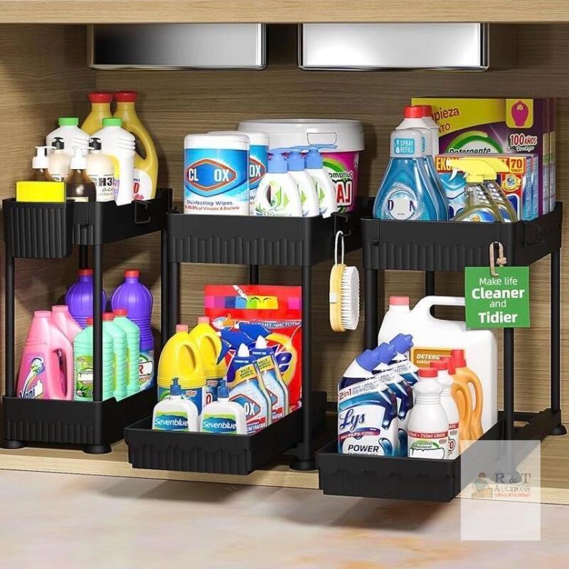 Sevenblue 3-Pack 2-Tier Sliding Organizers with Side Baskets, Black
