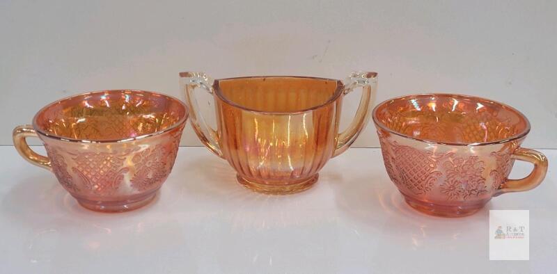 Vintage Marigold Iridescent Depression Glass Set &ndash; 2 Sharon Pattern Cups & Windsor Sugar Bowl