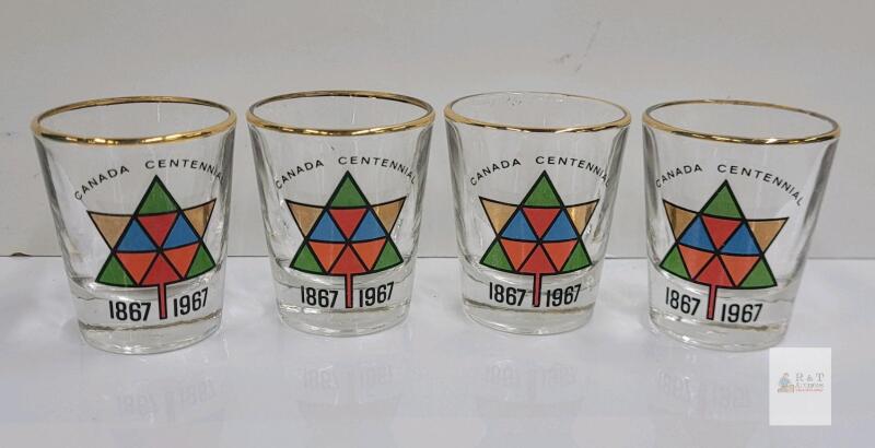 Canada Centennial 1867-1967 Commemorative Shot Glass Set, Gold Rim, Maple Leaf Logo, 4-Piece