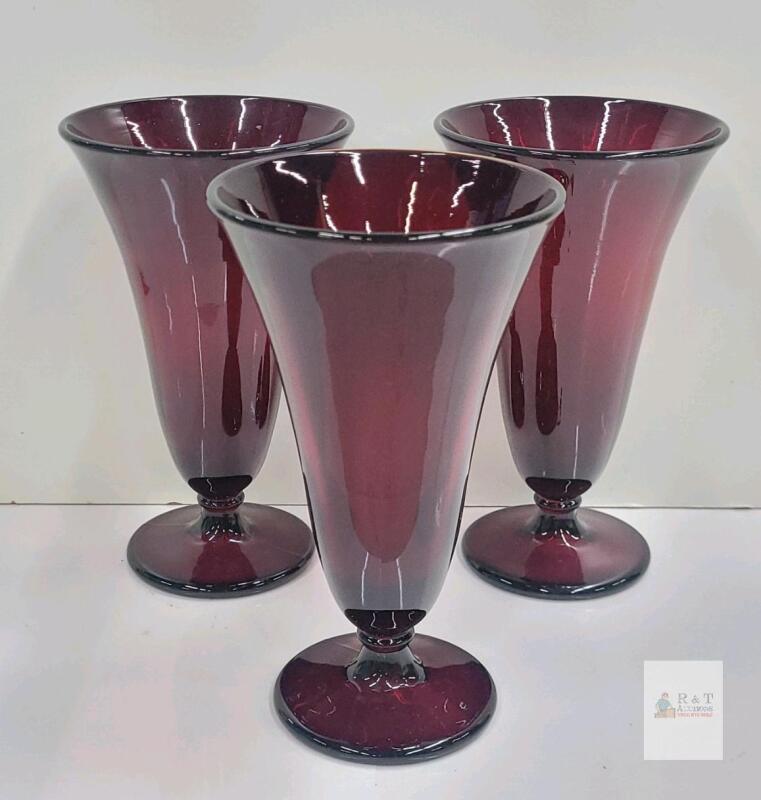 Set of 3 Ruby Red Footed Glass Tumblers, 7 Inches Tall, Flared Design,