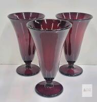 Set of 3 Ruby Red Footed Glass Tumblers, 7 Inches Tall, Flared Design,