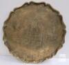 Antique Brass Tray with Engraved Asian Garden Scene, 11" Diameter, Scalloped Edge