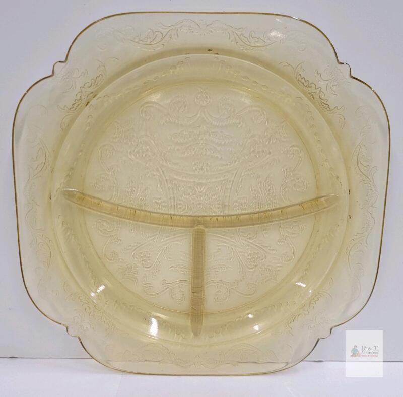 Amber Depression Glass Divided Plate &ndash; Federal Glass Patrician Pattern, 10" Diameter