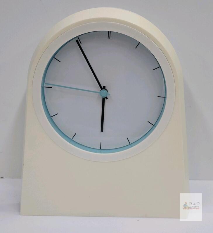Minimalist Off-White Tabletop Clock, Modern Design, 10 Inch Tall, Analog Display
