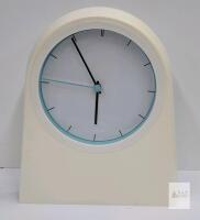 Minimalist Off-White Tabletop Clock, Modern Design, 10 Inch Tall, Analog Display