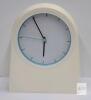 Minimalist Off-White Tabletop Clock, Modern Design, 10 Inch Tall, Analog Display