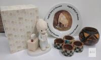 Lot of Mixed Decorative Collectibles and Tableware Precious Moments Teacher Figurine with Box, 'Happily Dying of Chocolate' Plate, Wooden Bowl, Napkin Rings