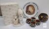Lot of Mixed Decorative Collectibles and Tableware Precious Moments Teacher Figurine with Box, 'Happily Dying of Chocolate' Plate, Wooden Bowl, Napkin Rings