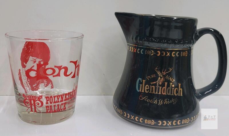 Vintage Don Ho&rsquo;s Polynesian Palace Glass & Glenfiddich Pure Malt Whisky Ceramic Jug Set