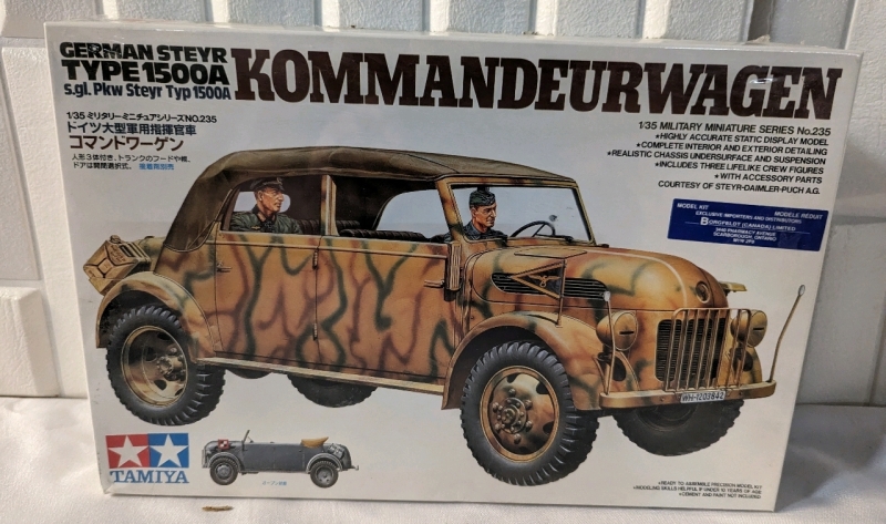 Vintage Tamiya German Steyr Type 1500A Kommandeurwagen model kit.