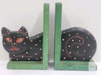 Hand Painted Wooden Cat Bookends, Folk Art, 7.5" Tall, Green & Black Polka Dot Pair
