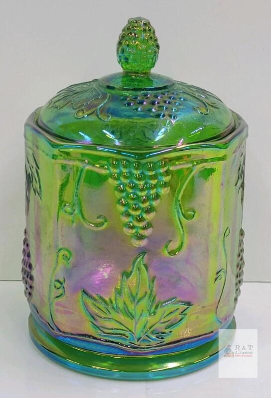 Indiana Glass Harvest Grape Iridescent Green Carnival Glass Cookie Jar with Lid small chip at base