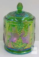 Indiana Glass Harvest Grape Iridescent Green Carnival Glass Cookie Jar with Lid small chip at base