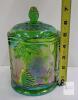 Indiana Glass Harvest Grape Iridescent Green Carnival Glass Cookie Jar with Lid small chip at base - 3