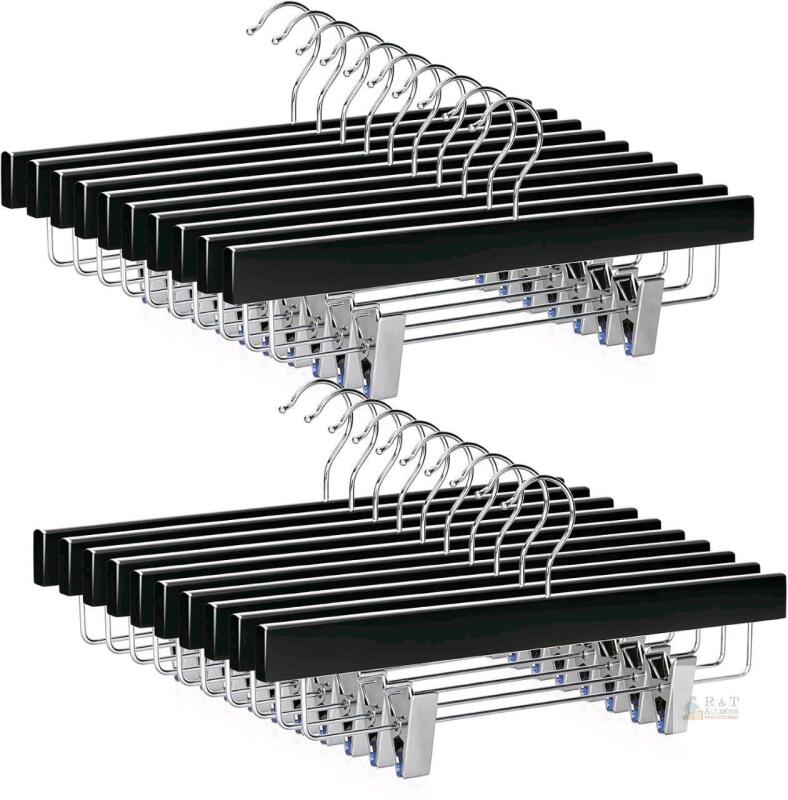 New TOPIA HANGER Black Wood Pants Hangers, Wooden Skirt Short Jeans Trouser Hanger with Smooth Surface 360&deg; Swivel Hook Anti Rust 2 Adjustable Clips, 20 Pack, CT10PB20